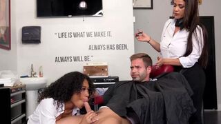 FANTASYFREEUSE - Thick Latina Miss Raquel and ebony Skyla Sun seduce a lucky guy who came for a haircut (Nicky Rebel)
