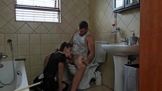 Petite slut sucking cock on toilet