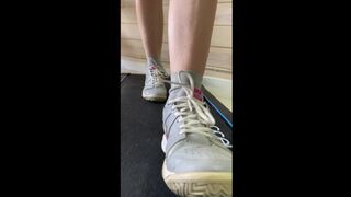 Fitness girl undresses on the treadmill and masturbates