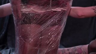 Two amazing Mistress put the maid in stocks, insert a bougie into his urethra and wrap it with cling