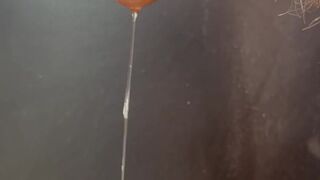 Hairy cock grools long string of precum and leaks pee and bulbourethral fluid down it