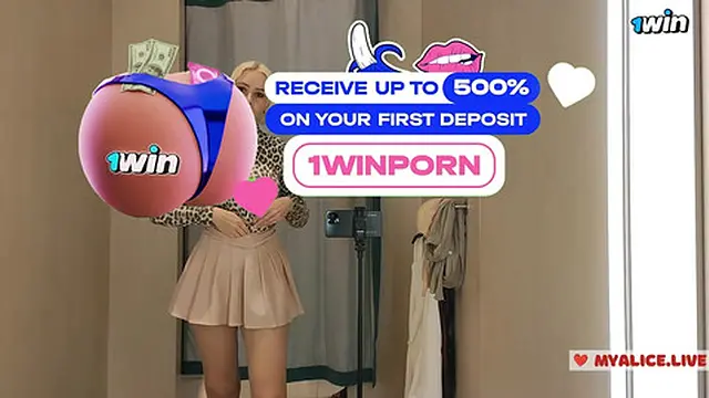 Naked blonde models try on see-through outfits in a mall fitting room