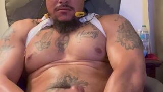 Beefy hunk masturbating and finger his tight ass to female fan over the phone and cums hard for her