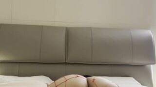 asian intense masturbation with butt plug and vibrator, fishnet stockings fantasy