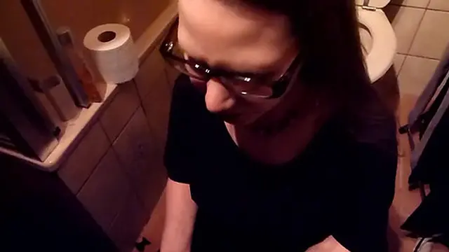 Nerdy librarian with glasses loves to drink piss