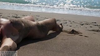 Sexy woman with a dirty pussy at a secluded beach with see through white top