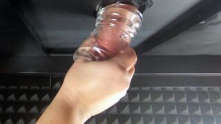 Massaging clients cock with a fuck sleeve (milking table) Loud stroking sounds with lots of cum.