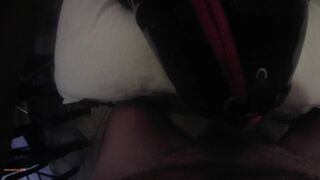 Milf hogtied in latex and high heels with a lip open mouth gag POV. Great mouth fucking action