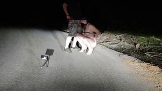 On public road total naked whore on leash and high heels pissing while sucking husband's cock